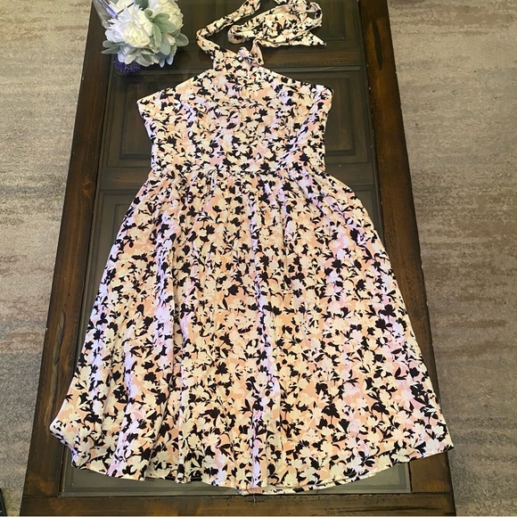 BCBGMaxAzria Linen Blend Pink Black Floral Crisscross Halter Dress - Picture 2 of 12